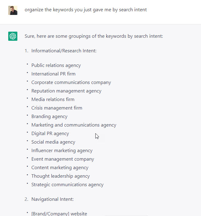 ChatGPT keywords by search intent